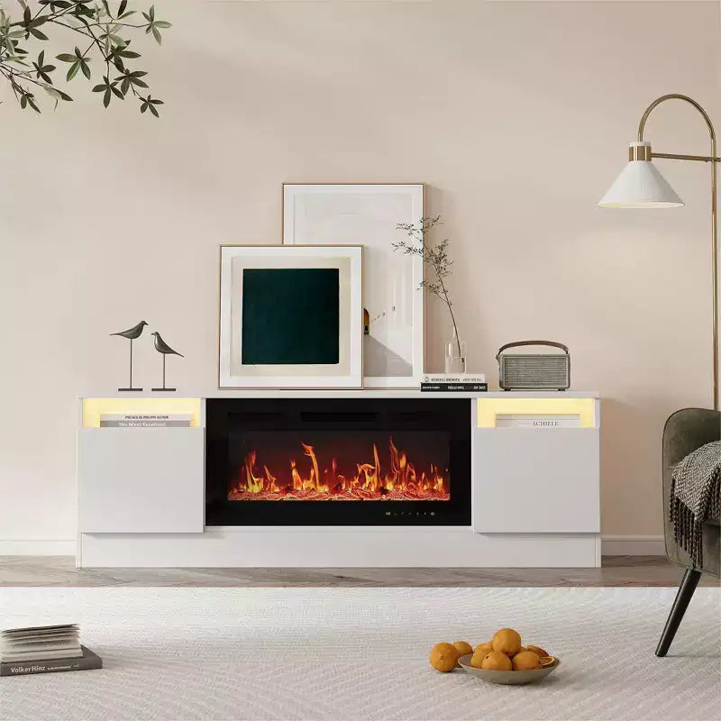 Mueble de TV moderno con iluminación LED, que incluye armarios de almacenamiento y estantes, adecuado para dormitorios y salas de estar.