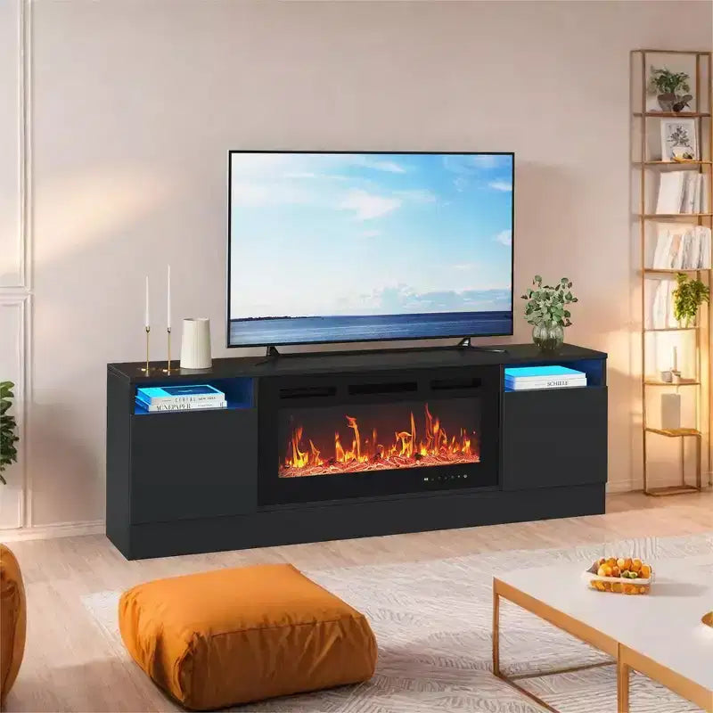 Mueble de TV moderno con iluminación LED, que incluye armarios de almacenamiento y estantes, adecuado para dormitorios y salas de estar.