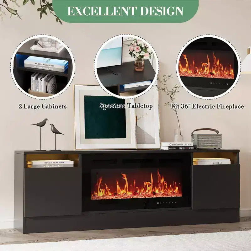 Mueble de TV moderno con iluminación LED, que incluye armarios de almacenamiento y estantes, adecuado para dormitorios y salas de estar.