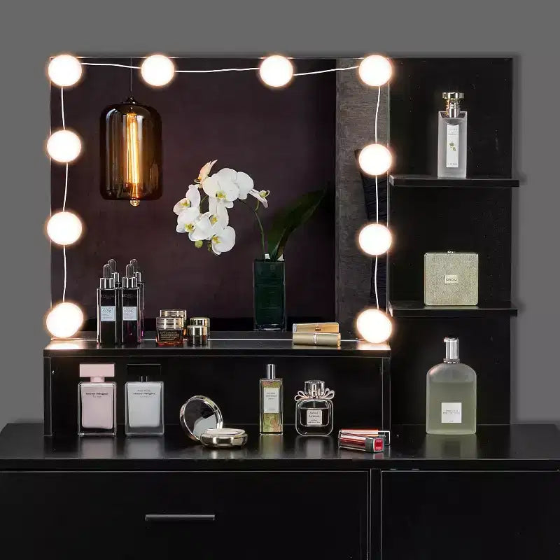 VINGLI Tocador con Espejo y Luces, Tocador de Maquillaje con Cajones y Taburete para Dormitorio, Negro