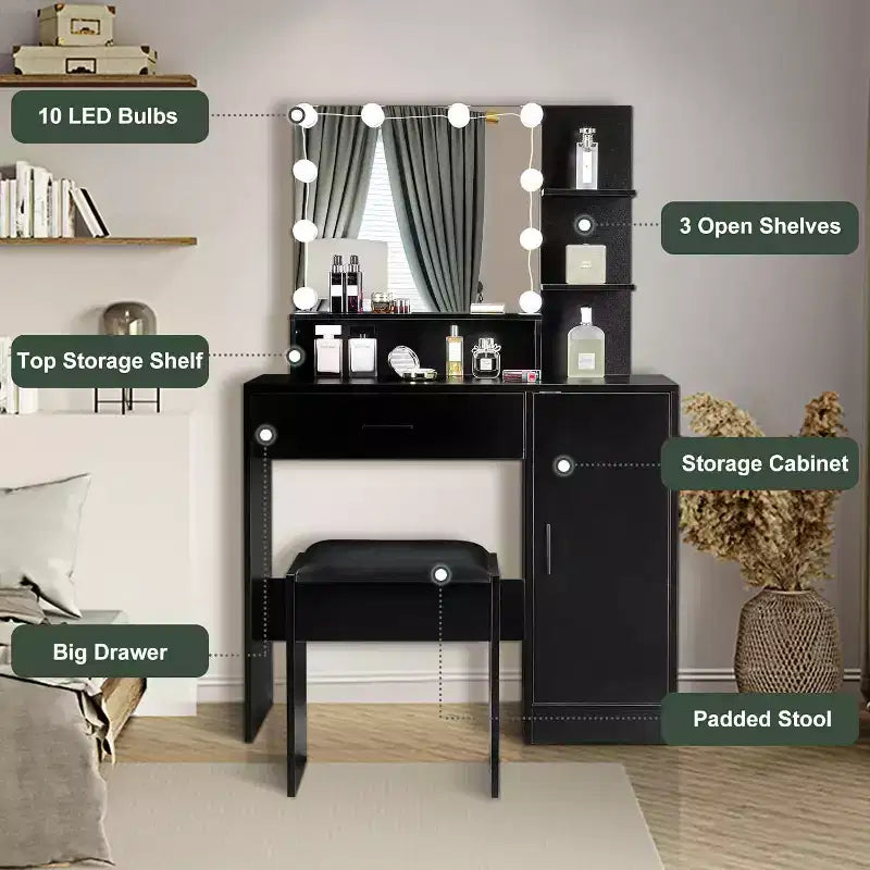 VINGLI Tocador con Espejo y Luces, Tocador de Maquillaje con Cajones y Taburete para Dormitorio, Negro