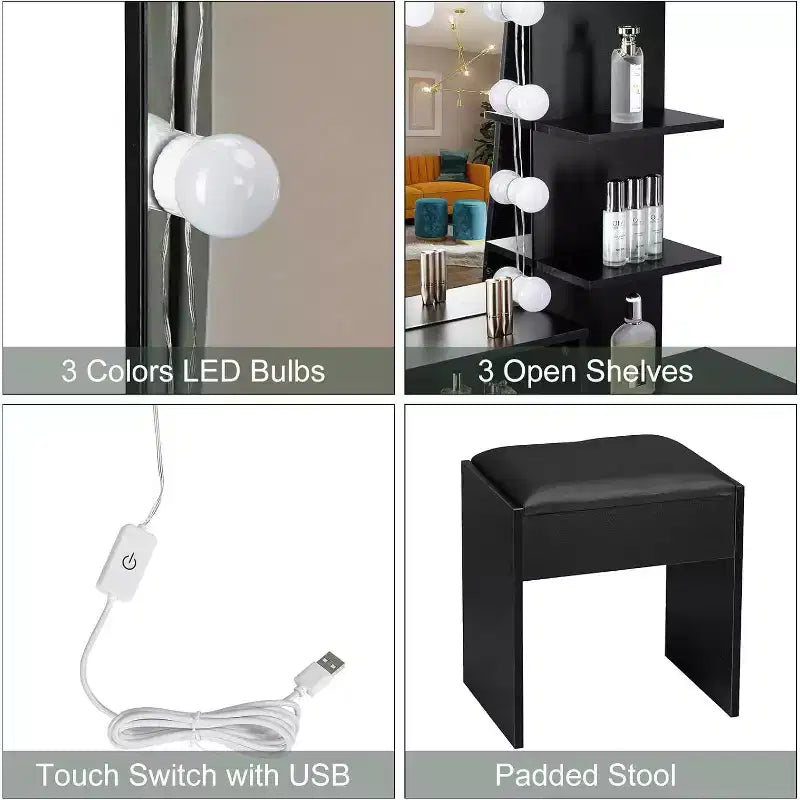 VINGLI Tocador con Espejo y Luces, Tocador de Maquillaje con Cajones y Taburete para Dormitorio, Negro