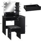 VINGLI Tocador con Espejo y Luces, Tocador de Maquillaje con Cajones y Taburete para Dormitorio, Negro
