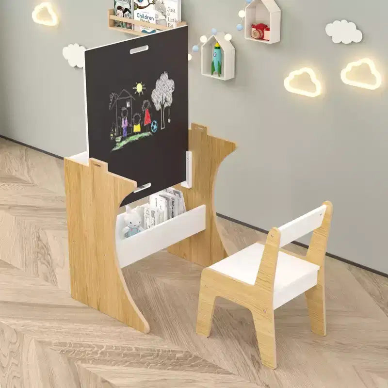 Juego de mesa Whisen para niños con una silla, mesa de estudio de madera multifuncional para niños - Tablero convertible - Blanco