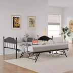Acekool Sofá cama con nido elevable, estructura de cama doble de metal con cabecero convertible en sofá, soporte de listones de acero reforzado, marrón rústico