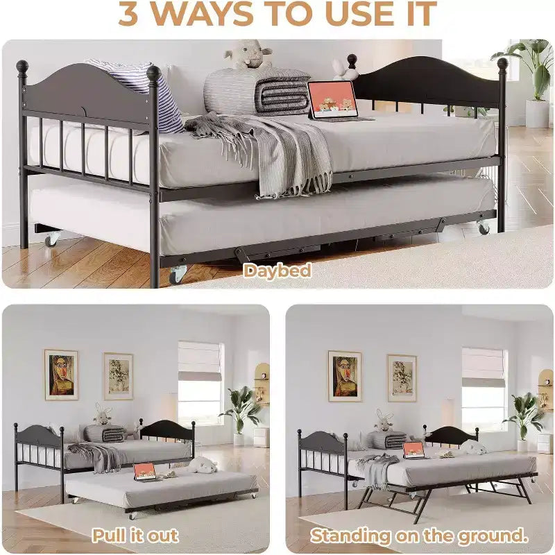 Acekool Sofá cama con nido elevable, estructura de cama doble de metal con cabecero convertible en sofá, soporte de listones de acero reforzado, marrón rústico