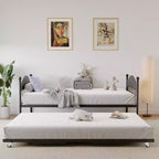 Acekool Sofá cama con nido elevable, estructura de cama doble de metal con cabecero convertible en sofá, soporte de listones de acero reforzado, marrón rústico