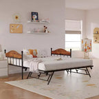 Acekool Sofá cama con nido elevable, estructura de cama doble de metal con cabecero convertible en sofá, soporte de listones de acero reforzado, marrón rústico