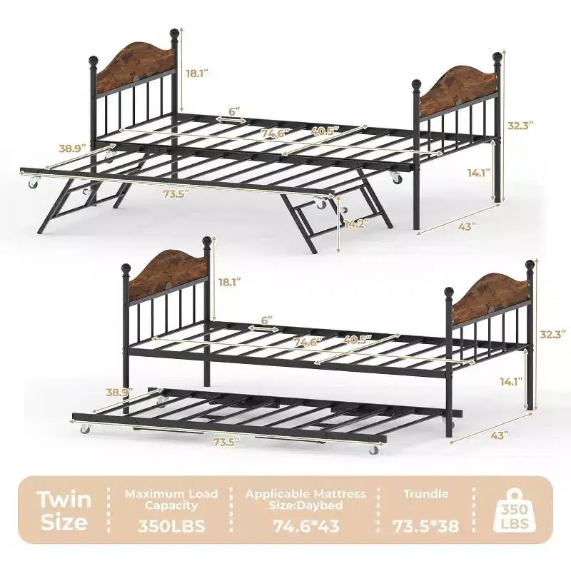 Acekool Sofá cama con nido elevable, estructura de cama doble de metal con cabecero convertible en sofá, soporte de listones de acero reforzado, marrón rústico