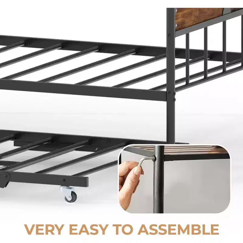 Acekool Sofá cama con nido elevable, estructura de cama doble de metal con cabecero convertible en sofá, soporte de listones de acero reforzado, marrón rústico