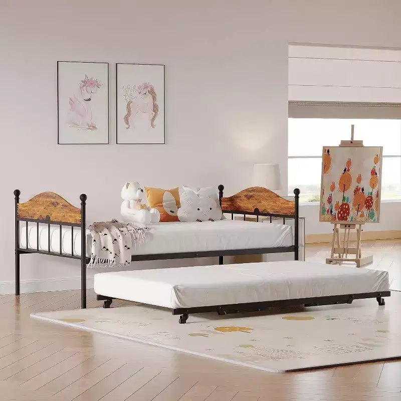 Acekool Sofá cama con nido elevable, estructura de cama doble de metal con cabecero convertible en sofá, soporte de listones de acero reforzado, marrón rústico