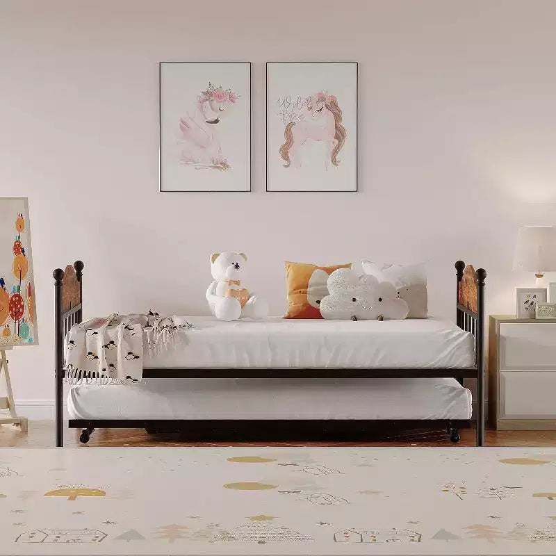 Acekool Sofá cama con nido elevable, estructura de cama doble de metal con cabecero convertible en sofá, soporte de listones de acero reforzado, marrón rústico