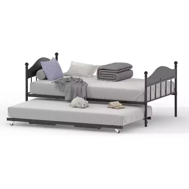 Acekool Sofá cama con nido elevable, estructura de cama doble de metal con cabecero convertible en sofá, soporte de listones de acero reforzado, marrón rústico