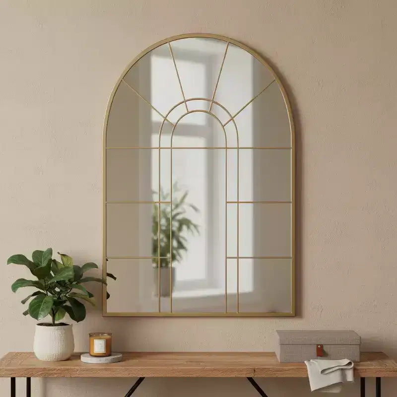 HomeRoots 41 Espejo decorativo enmarcado de metal negro con forma de arco y panel de ventana