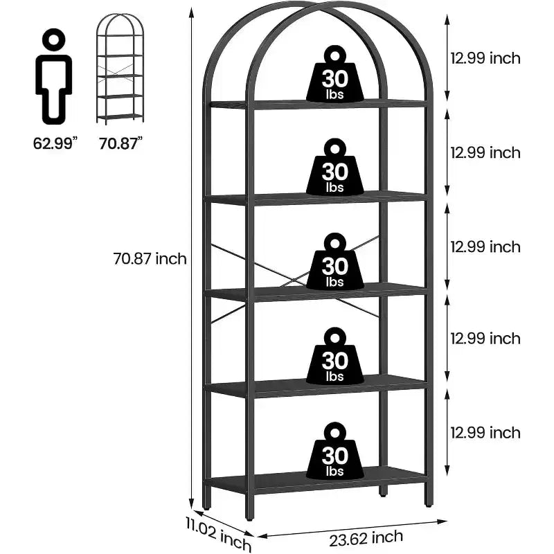Estantería abierta de 5 niveles con arco, estantería moderna con marco de metal, estantería de pie para dormitorio, sala de estar, oficina en casa