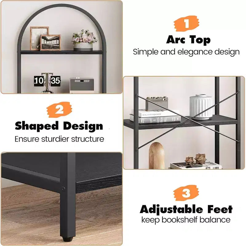 Estantería abierta de 5 niveles con arco, estantería moderna con marco de metal, estantería de pie para dormitorio, sala de estar, oficina en casa