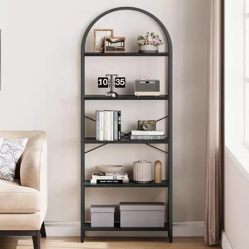 Estantería abierta de 5 niveles con arco, estantería moderna con marco de metal, estantería de pie para dormitorio, sala de estar, oficina en casa