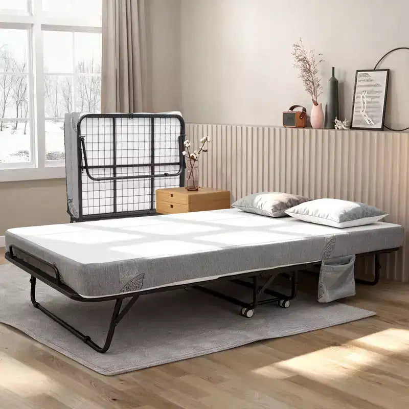 Cama plegable Coolmee con colchón, cama plegable portátil con ruedas y bolsillo lateral de almacenamiento para oficina, dormitorio, ahorro de espacio, fácil almacenamiento