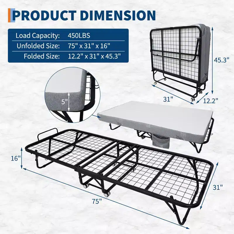 Cama plegable Coolmee con colchón, cama plegable portátil con ruedas y bolsillo lateral de almacenamiento para oficina, dormitorio, ahorro de espacio, fácil almacenamiento