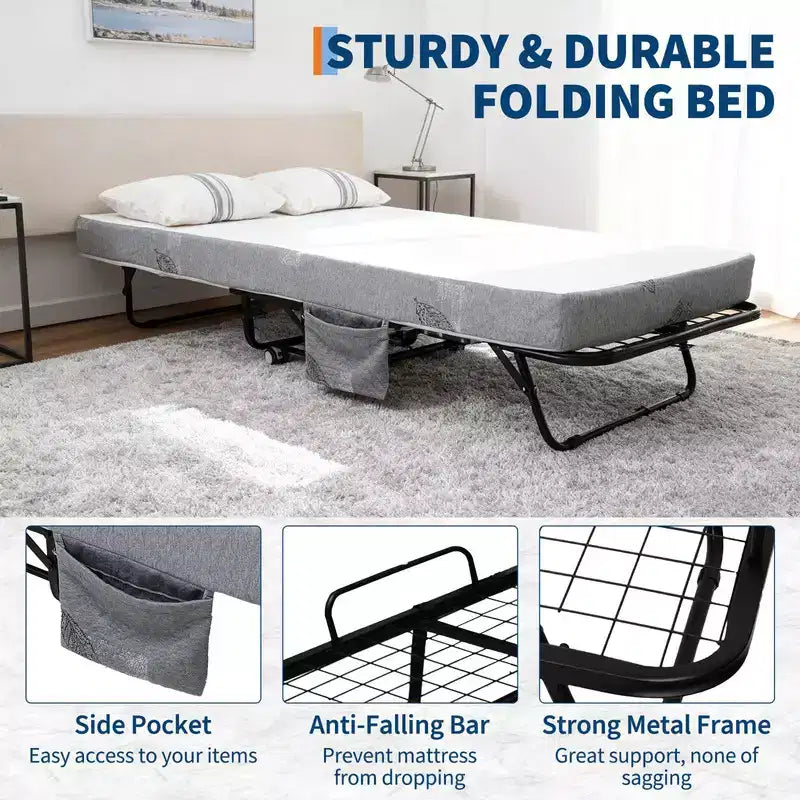 Cama plegable Coolmee con colchón, cama plegable portátil con ruedas y bolsillo lateral de almacenamiento para oficina, dormitorio, ahorro de espacio, fácil almacenamiento