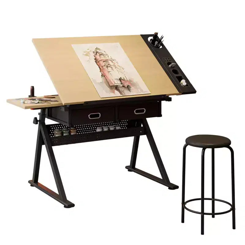 Mesa de dibujo de altura ajustable, mesa de dibujo inclinable de 0 a 75 grados para adultos, escritorio de arte con 2 cajones de almacenamiento con taburete para oficina en casa