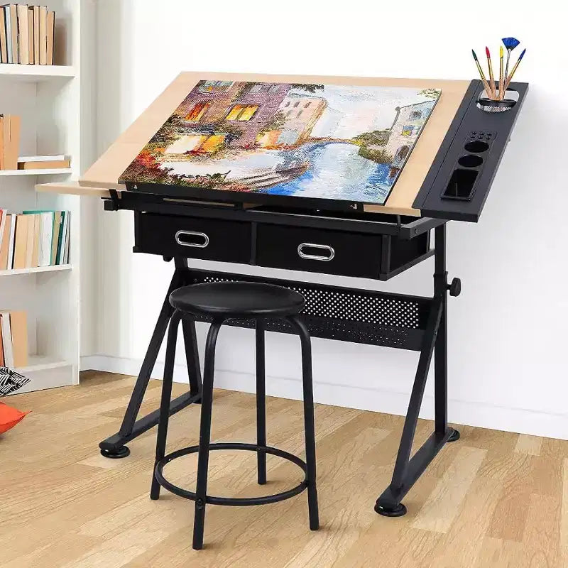 Mesa de dibujo de altura ajustable, mesa de dibujo inclinable de 0 a 75 grados para adultos, escritorio de arte con 2 cajones de almacenamiento con taburete para oficina en casa