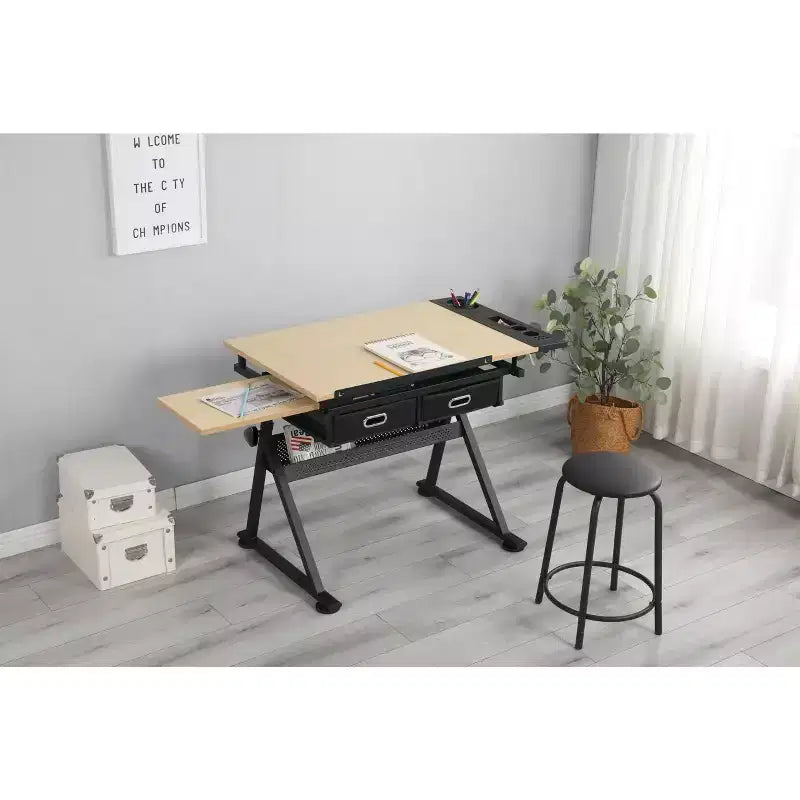 Mesa de dibujo de altura ajustable, mesa de dibujo inclinable de 0 a 75 grados para adultos, escritorio de arte con 2 cajones de almacenamiento con taburete para oficina en casa