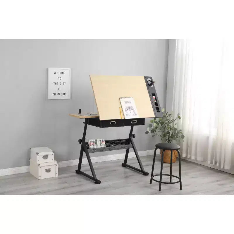 Mesa de dibujo de altura ajustable, mesa de dibujo inclinable de 0 a 75 grados para adultos, escritorio de arte con 2 cajones de almacenamiento con taburete para oficina en casa