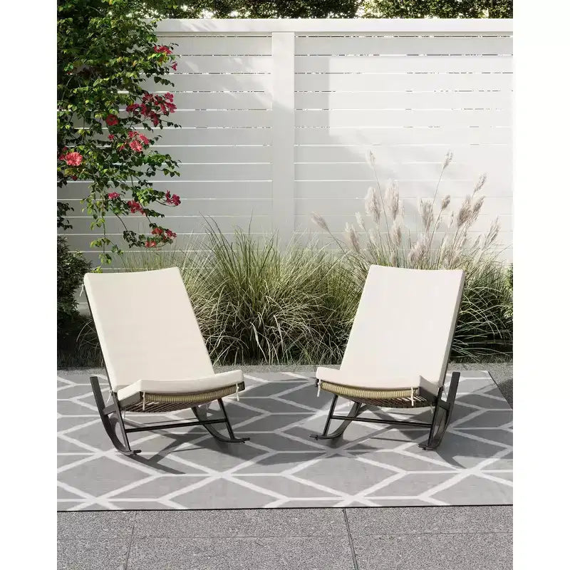 Juego de 2 mecedoras para exteriores, sillas mecedoras para patio, silla mecedora de ratán para exteriores con cojines para porche delantero, jardín