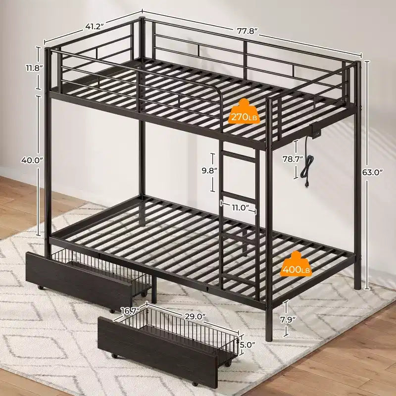 Litera metálica Greenstell, armazón de cama con cajones de almacenamiento y estación de carga y luz LED, con barandilla de seguridad y escaleras, negro