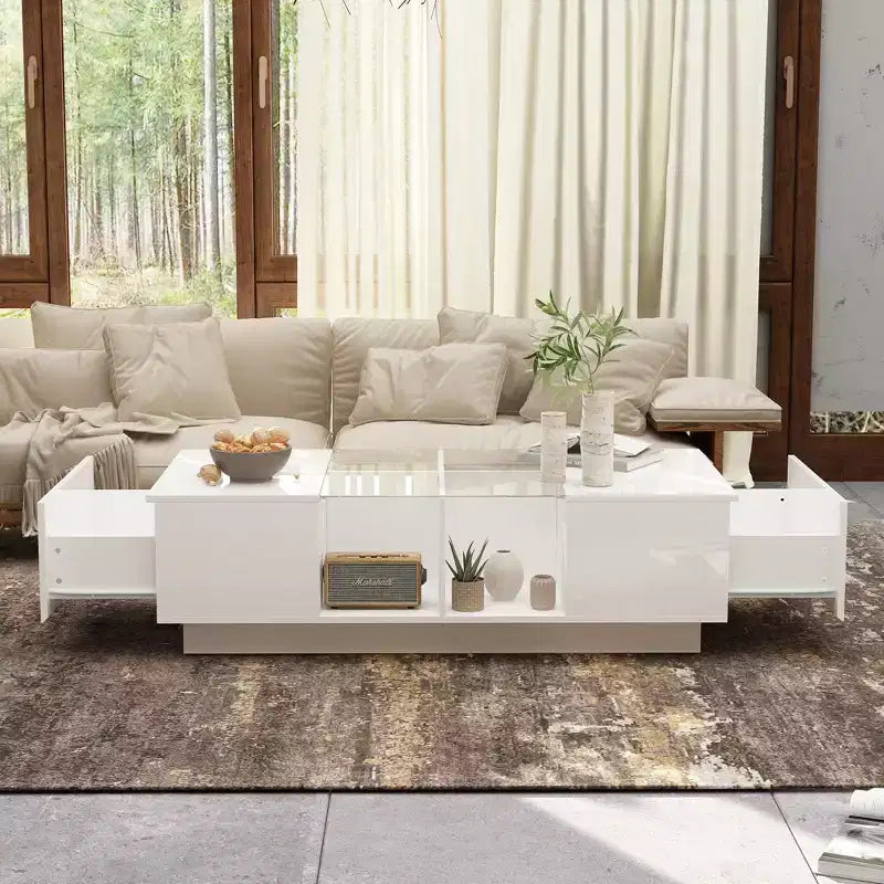 Mesa de centro Famapy blanca de alto brillo con LED, almacenamiento multizona con cajón y compartimentos abiertos