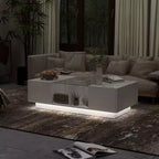 Mesa de centro Famapy blanca de alto brillo con LED, almacenamiento multizona con cajón y compartimentos abiertos