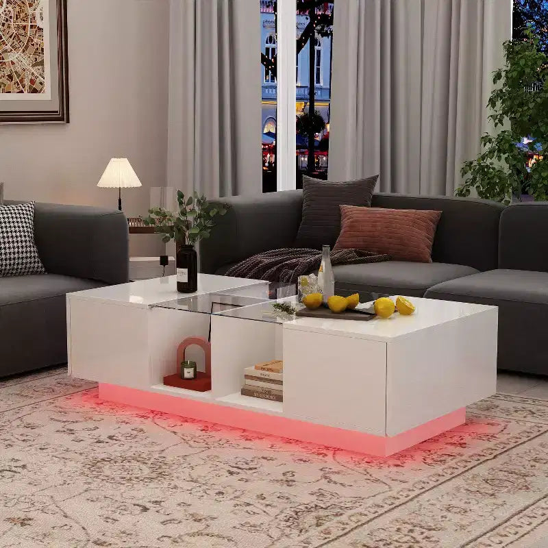 Mesa de centro Famapy blanca de alto brillo con LED, almacenamiento multizona con cajón y compartimentos abiertos
