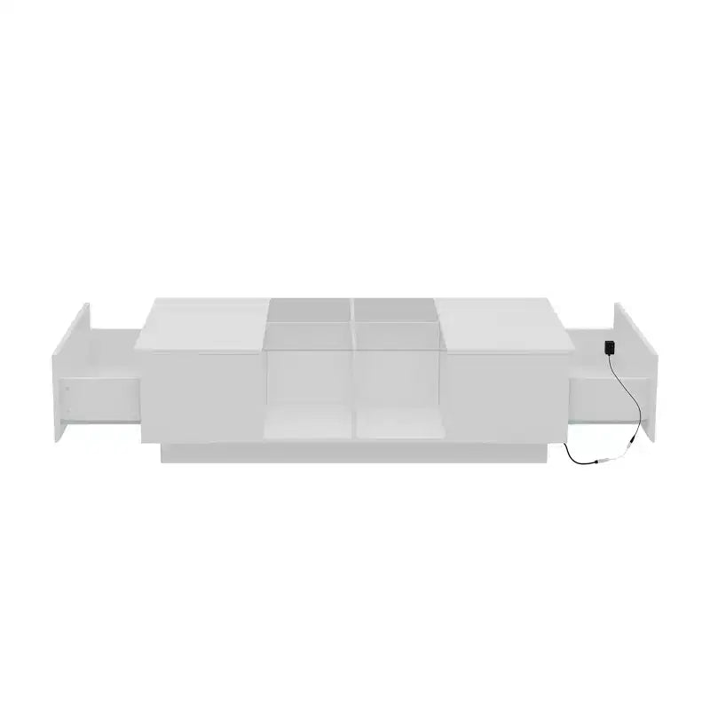 Mesa de centro Famapy blanca de alto brillo con LED, almacenamiento multizona con cajón y compartimentos abiertos