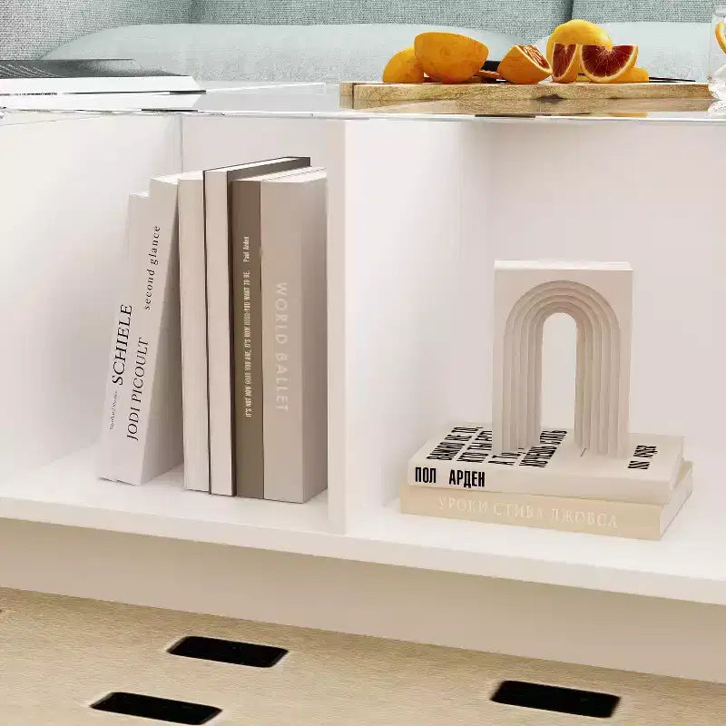 Mesa de centro Famapy blanca de alto brillo con LED, almacenamiento multizona con cajón y compartimentos abiertos