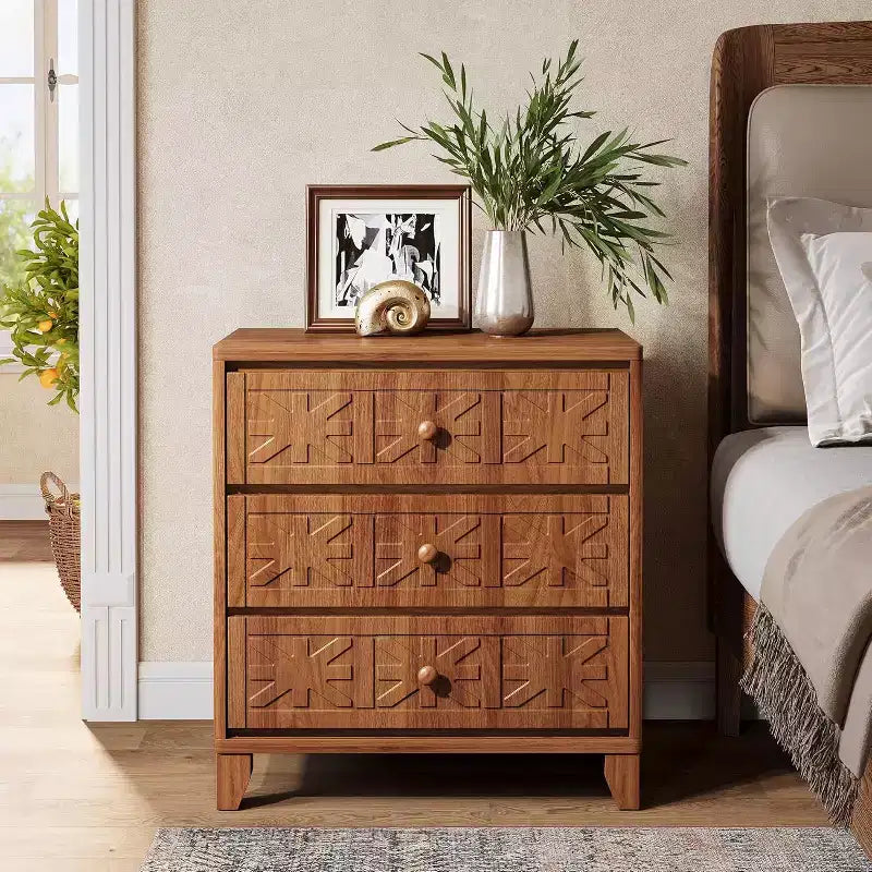 Mesita de noche Lantine con 3 cajones, mesita de noche de estilo rústico con elegantes diseños, mesita auxiliar industrial para dormitorio, color marrón