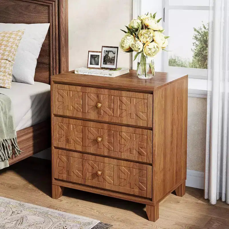 Mesita de noche Lantine con 3 cajones, mesita de noche de estilo rústico con elegantes diseños, mesita auxiliar industrial para dormitorio, color marrón