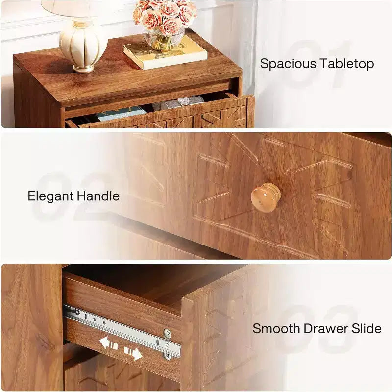 Mesita de noche Lantine con 3 cajones, mesita de noche de estilo rústico con elegantes diseños, mesita auxiliar industrial para dormitorio, color marrón