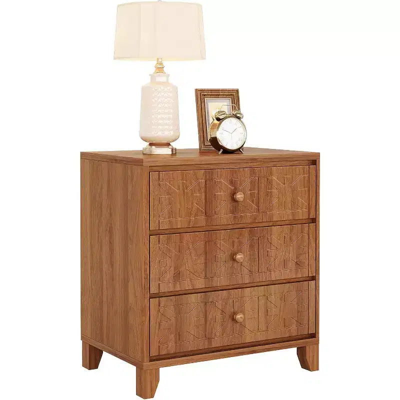 Mesita de noche Lantine con 3 cajones, mesita de noche de estilo rústico con elegantes diseños, mesita auxiliar industrial para dormitorio, color marrón