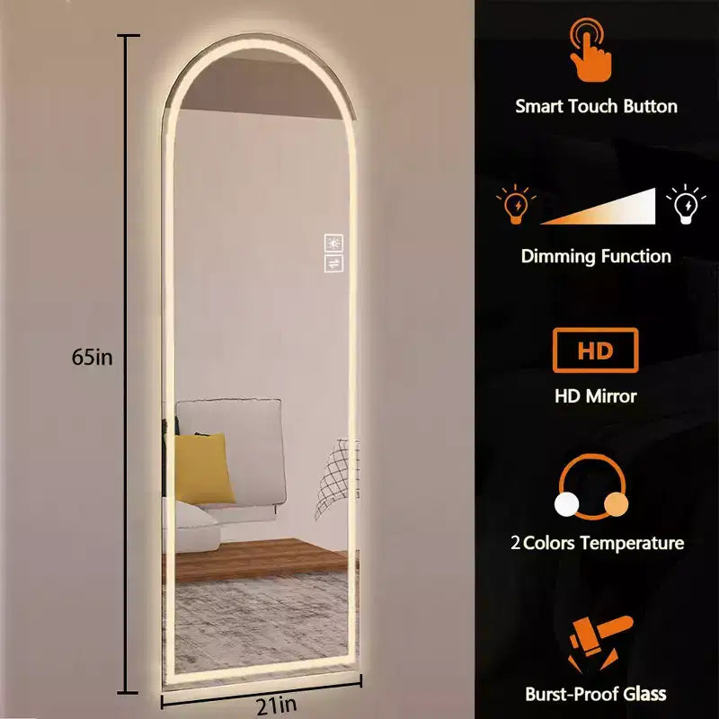 Espejo de cuerpo entero LED arqueado moderno GDFStudio Astra de 65 pulgadas de alto con modos de luz ajustables