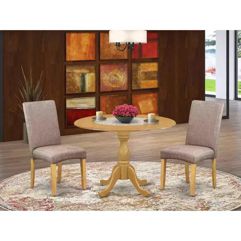 Juego de comedor de 3 piezas de madera maciza con acabado de roble natural y respaldo alto - Asientos para 4 personas