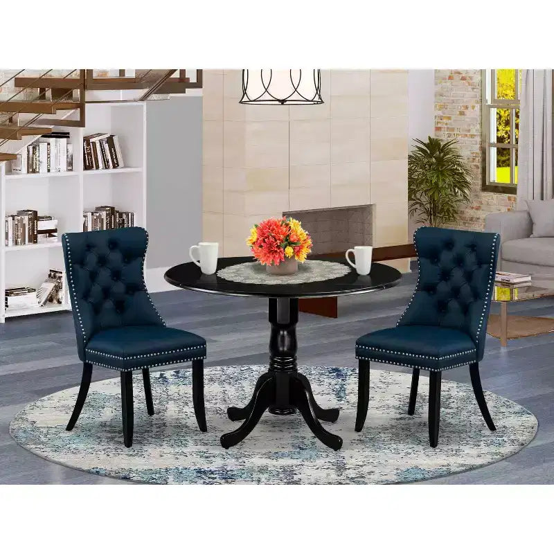 Juego de comedor tapizado redondo de 3 piezas con parte superior de madera maciza y acabado negro - Capacidad para 4 personas