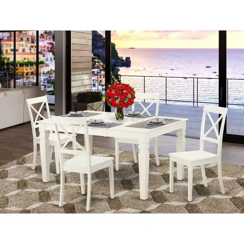 Juego de comedor de 5 piezas - Mesa rectangular con extensión y 4 sillas - 42x60 pulgadas - Blanco Lino