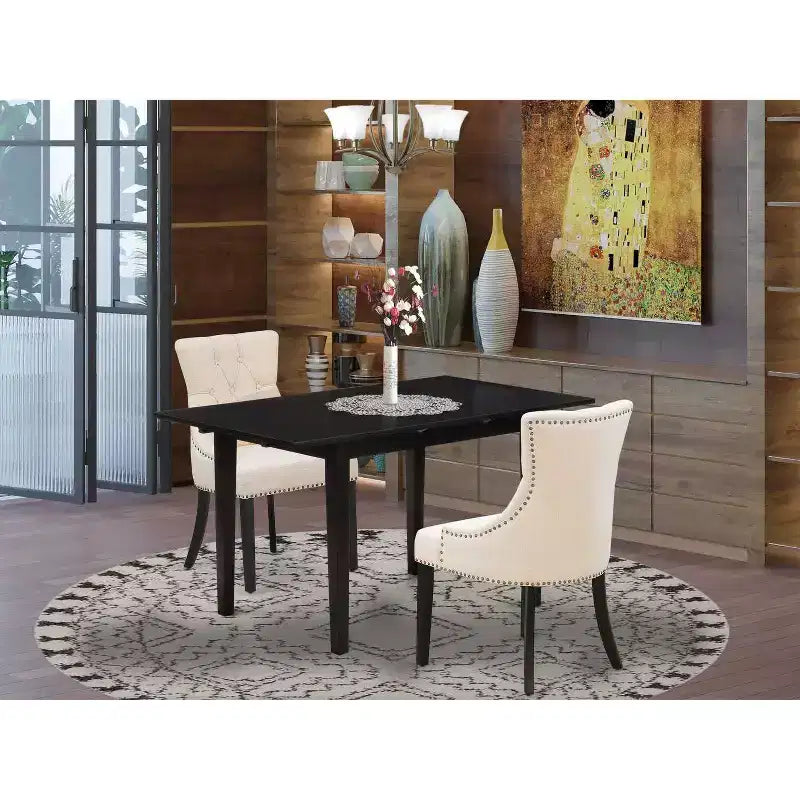 Juego de comedor HomeStock de 3 piezas con mesa de tapa de madera maciza rectangular con extensión tipo mariposa, acabado en negro