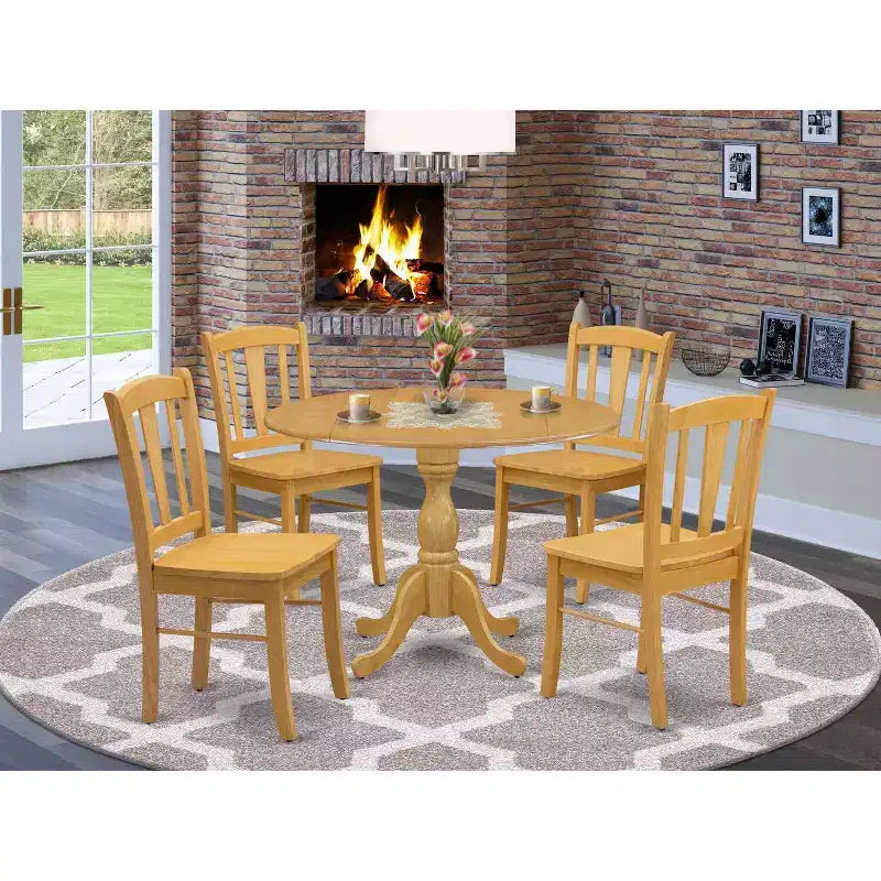 HomeStock Juego de Comedor de 5 Piezas, Mesa con Tapa de Madera Maciza con Acabado de Roble Natural y 4 Sillas con Respaldo de Listones y Hoja Abatible