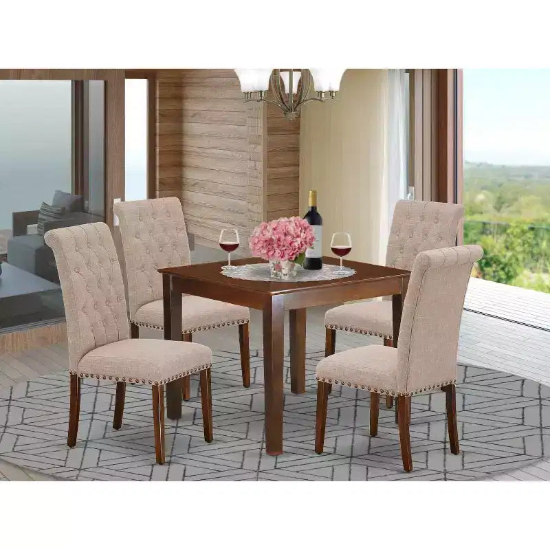 Juego de comedor cuadrado de 5 piezas con tapa de madera maciza y acabado de caoba - Para 4 personas