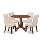 Boho Kitchen Table Set 5pc Round 42 Table w/ Drop Leaves & 4 Cream Linen Chairs
