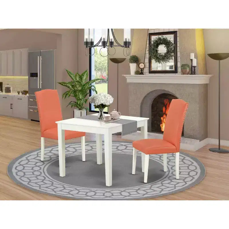 Juego de comedor cuadrado flamenco rosa, mesa de 36 pulgadas y 2 sillas Parsons, patas de lino blanco, piel sintética