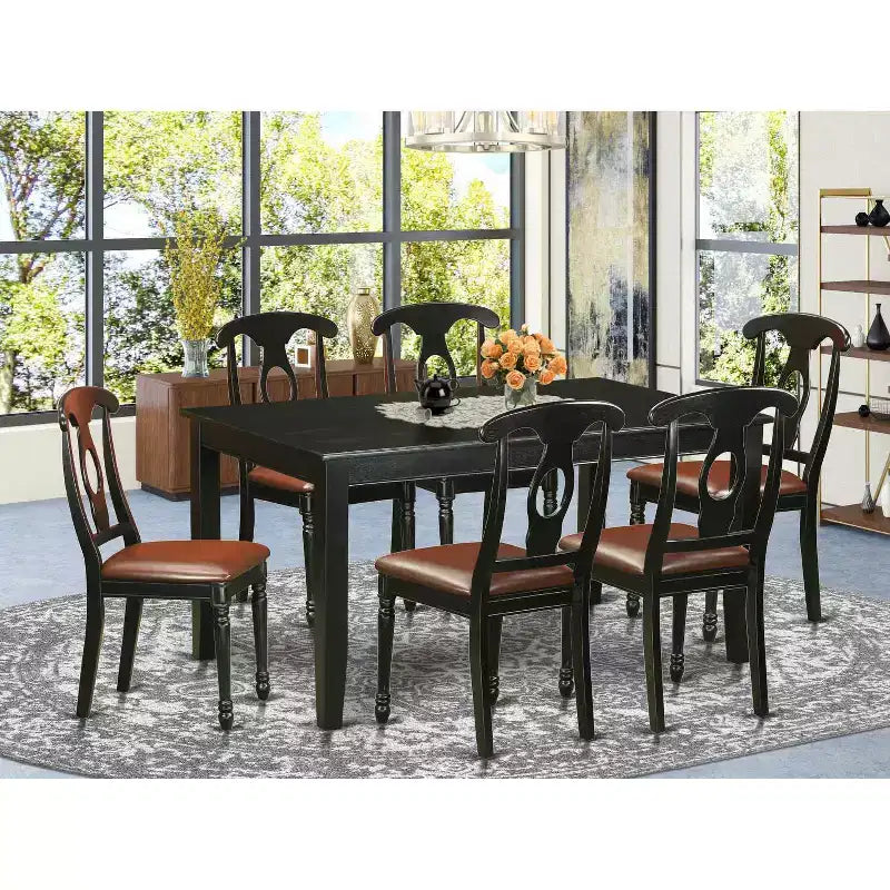 Juego de mesa y sillas de comedor de 7 piezas - Mesa de comedor rectangular con 6 sillas - Asientos de piel sintética - Acabado negro