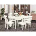 Mesa de comedor HomeStock de 7 piezas con superficie de madera maciza y acabado blanco lino con 6 sillas